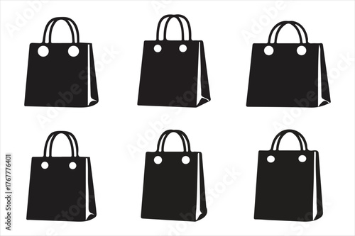 Collection of six black shopping bag icons representing commerce retail and consumer purchasing power