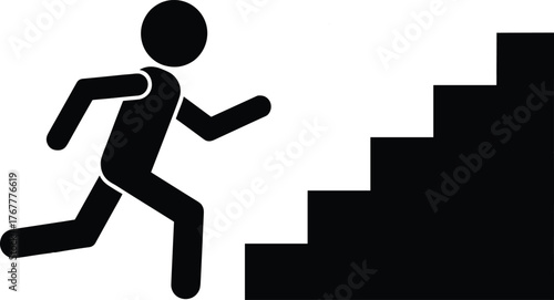 Motivational silhouette man, climbing stairs success, progress achievement concept, personal growth vector, determination effort symbol, business career goal, abstract black design