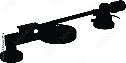 High resolution black silhouette vector graphic of a turntable tonearm assembly. This isolated audio component includes the arm wand, counterweight, and headshell for a vinyl record player