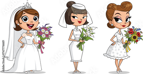 Beautiful cartoon brides holding bouquets, stylish wedding dress illustration, happy women characters, floral design, vector art for bridal and wedding themes