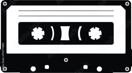 A high-resolution black silhouette vector illustration of a vintage audio cassette tape. This classic retro music media icon is perfect for graphic design projects, representing 80s and 90s nostalgia