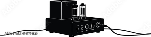 High-resolution black silhouette vector graphic of a retro vacuum tube amplifier, a piece of classic hi-fi audio equipment with glowing tubes, dials, and ports for premium sound, isolated on white