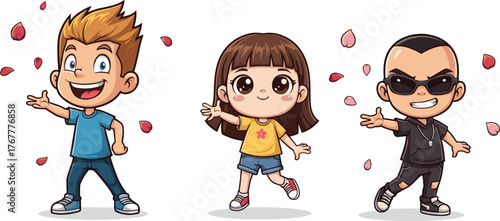 Cute cartoon kids posing with flower petals, happy children illustration, stylish friends smiling together, joyful childhood characters, fun playful artwork