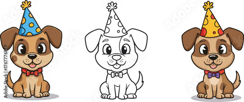 Cute cartoon puppies wearing party hats, adorable dogs illustration for kids, funny pet animals clipart, birthday celebration dog art