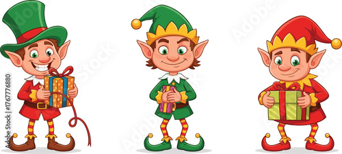 Cute Christmas elves holding gift boxes and smiling, festive holiday cartoon characters in colorful costumes, cheerful Santa helpers illustration for celebration