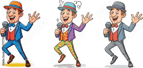 Funny cartoon singers performing with microphones, colorful comedy entertainers illustration, joyful stage performance art, happy vocal characters, humorous musical show concept