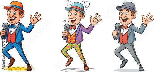 Funny cartoon singers performing with microphones, colorful entertainers illustration, joyful comedy performance art, happy stage show characters, humorous music celebration concept