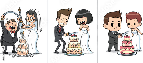 Funny cartoon wedding couples cutting cake, bride and groom illustration, humorous marriage moments, cute newlywed vector art, celebration scene design