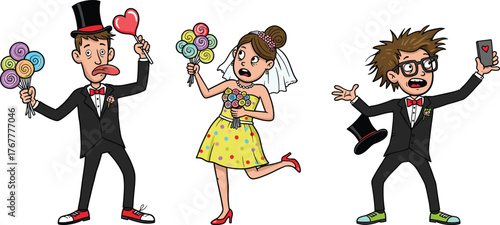 Funny cartoon wedding scene with bride and grooms, comedy couple illustration, humorous lollipop bouquet moment, silly love celebration art concept