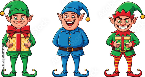Smiling Christmas elves holding colorful presents, cute cartoon Santa helpers in festive costumes, joyful holiday characters illustration for winter celebration design