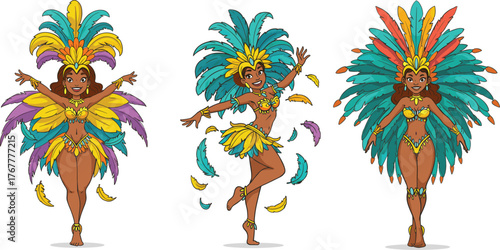 Vibrant samba dancers with colorful feathers, Brazilian carnival celebration, festive women in costumes, tropical parade performance, joyful dance illustration, vector art