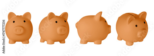 Set Piggy bank pig Orange color on isolated white background close up
