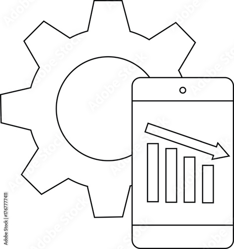 A gear is next to a smartphone with a falling graph and an arrow