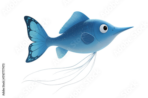 Cartoon blue fish with butterfly tail illustration