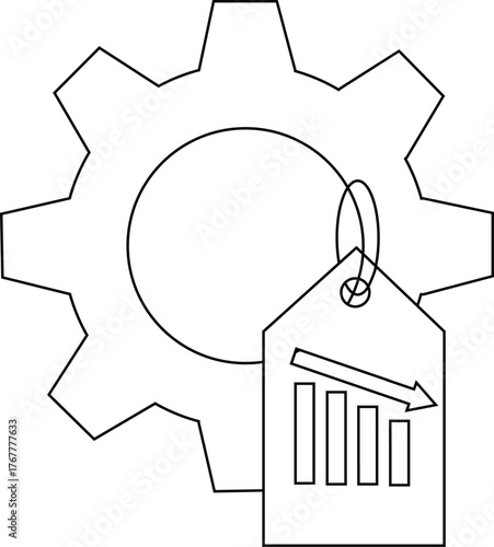 A gear with a price tag displaying a downwardtrending graph