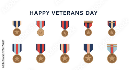 A digital illustration of various military medals and ribbons arranged in rows on a greeting card for Happy Veterans Day in Amerika Serikat with a patriotic color scheme.