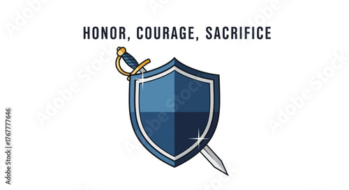 A blue shield with a sword and the words 'HONOR, COURAGE, SACRIFICE' on a white background, creating a symbol of protection and bravery, ideal for a greeting card from Amerika Serikat.
