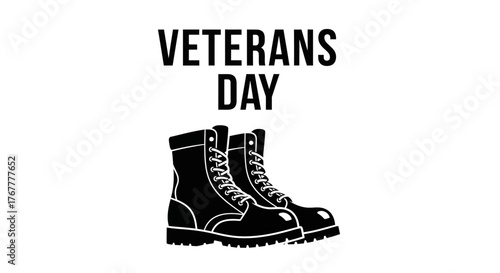A black and white illustration of combat boots with the text 'Veterans Day' on a clean white background, conveying a sense of patriotism and respect.