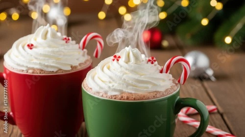 Two mugs of hot chocolate with whipped cream and candy canes for christmas