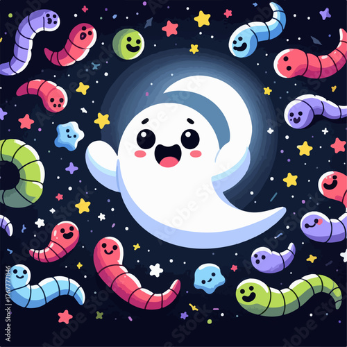 Cartoon illustration of cloth ghost with worms