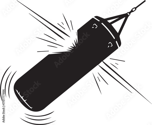 Dynamic black silhouette of a punching bag swinging after a powerful boxing impact