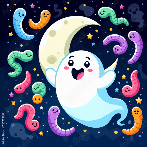 Cartoon illustration of cloth ghost with worms