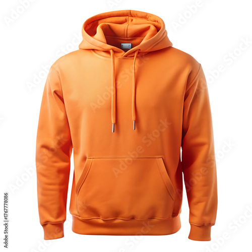 Bright orange hooded sweatshirt with drawstrings isolated on black background studio shot