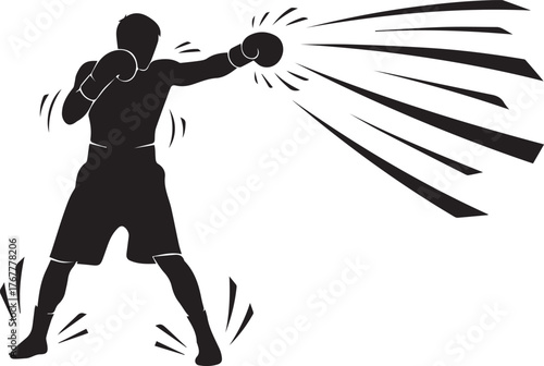 Dynamic silhouette of a boxer delivering a powerful punch with motion lines