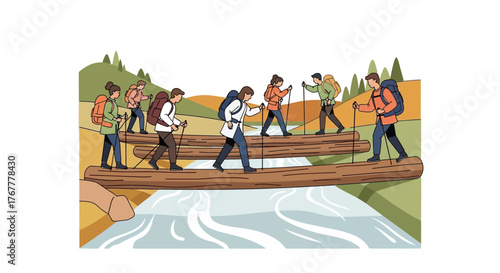 Group Of Hikers Traversing A Log Bridge Over A Flowing River, Peaceful Scenery