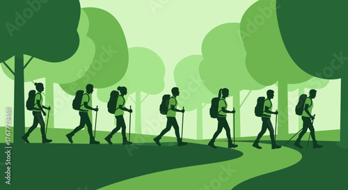 Group Of Hikers Traversing Green Environment During Outdoor Adventure Exploration