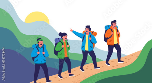 Group Of Hikers Traversing Mountain Trail With Backpacks Enjoying The Scenery