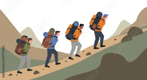 Group Of Hikers Traversing Mountain Terrain Symbolizing Adventure, Endurance, and Exploration