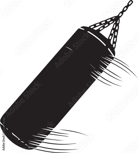 Black boxing punching bag hung by chains for intense combat training session