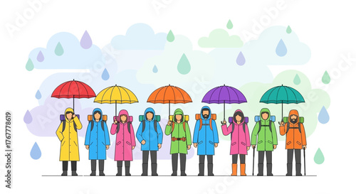 Group Of Hikers Walking Together Under Umbrellas Through a Drizzling Autumn Day