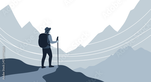 Hiker Ascends Mountain Trail, Overlooking Majestic Peaks, Simple Modern Vector Illustration
