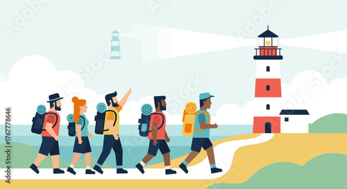 Group Of Hikers Walking Toward A Lighthouse On A Coastal Trail Adventure
