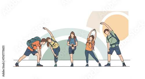 Group Of Hikers Warming Up Before A Trekking Activity Outdoors In A Modern Style