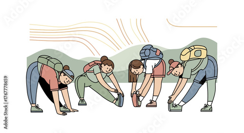 Group Of Hikers Warming Up And Getting Ready For A Hiking Adventure Outdoors Activities