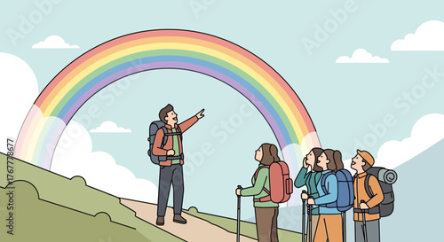 Group Of Hikers Witnessing A Colorful Rainbow Over The Hiking Trail Adventure