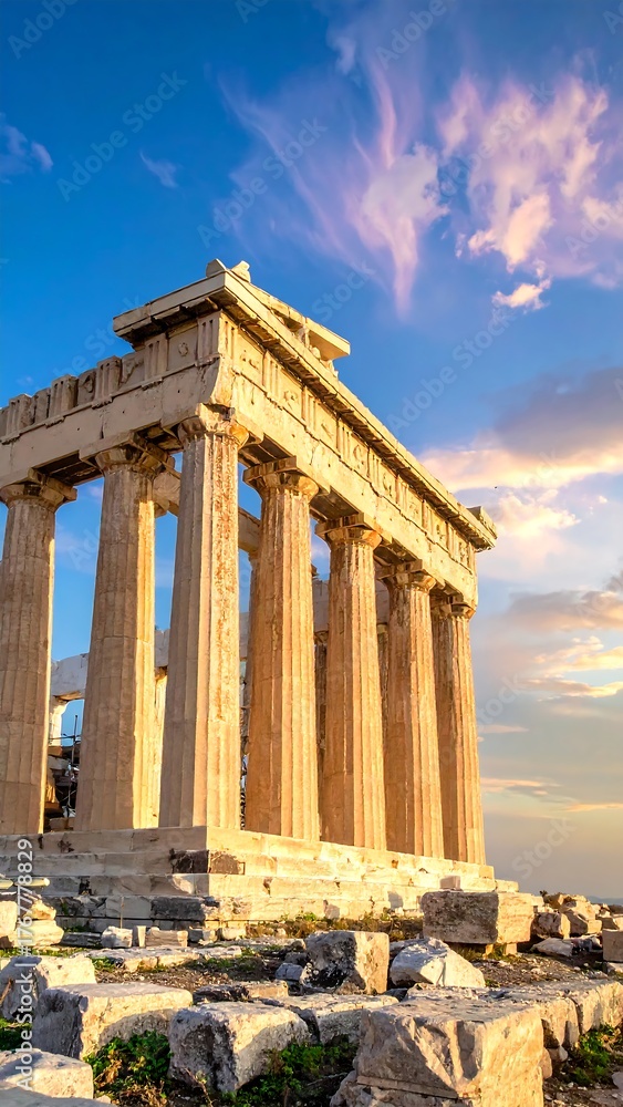 Obraz premium Ancient structure with columns under a vibrant, colorful sky