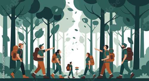 Group Of People Hiking Through Forest With Leaf Fall, Nature and Adventure Focused