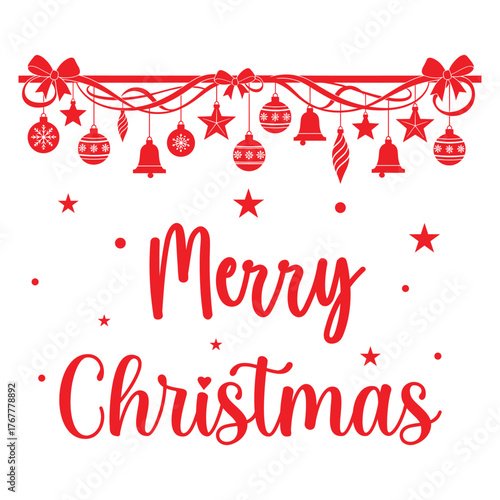 Merry Christmas Typography Design with Hanging Ornaments and Stars Vector Illustration