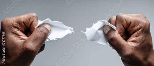 Hands tearing paper in frustration against gray background