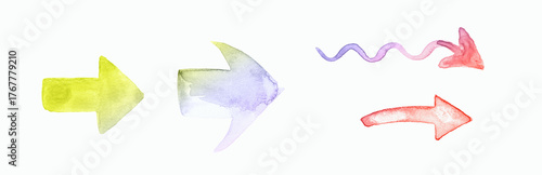 Colorful watercolor arrows in various shapes and directions on white background.