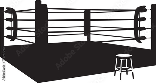 Silhouetted boxing ring with corner stool ready for combat and training sport