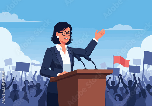 A vibrant cartoon-style image depicting a woman delivering an inspiring speech at a campaign event
