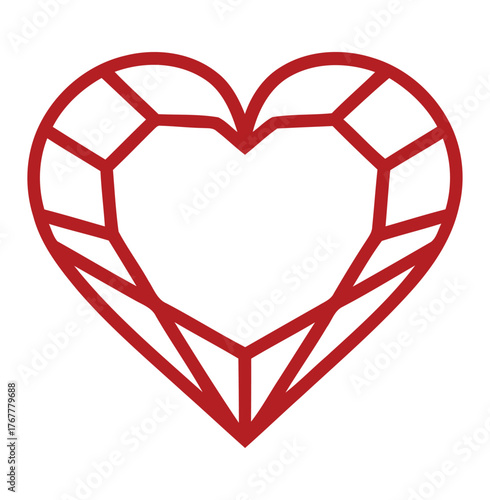Red geometric heart outline with internal lines creating a faceted or gem like appearance centered on white