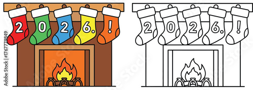 Christmas 2026 Fireplace with Colorful Stockings and Fire - Festive Winter Holiday Celebration Vector Illustration