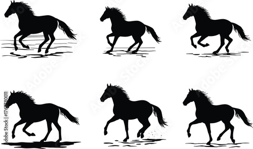 Horse silhouette set, running horse vector, wild horse design, galloping horse art, animal motion graphic, equestrian illustration, black horse figure