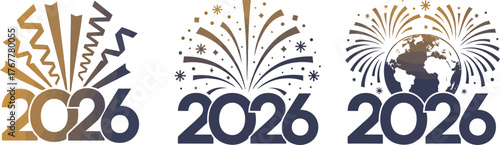 Collection of new year 2026 celebration graphics featuring fireworks and the year